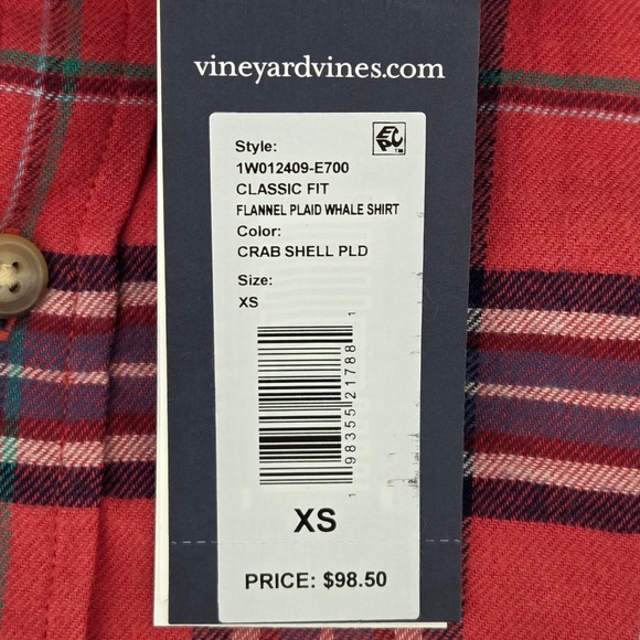 Vineyard Vines Men's Classic Fit Flannel Plaid Whale Shirt Red XS - Picture 6 of 9